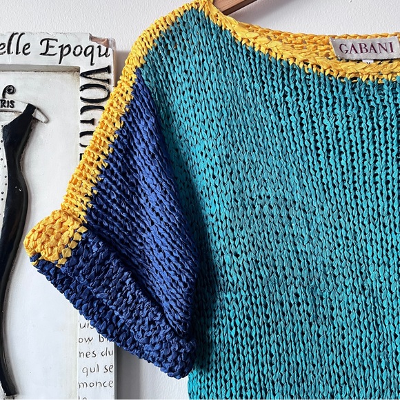 Vintage 80s Gabani Color-block Women's Open Weave Short Sleeve Sweater Size M - Picture 2 of 14